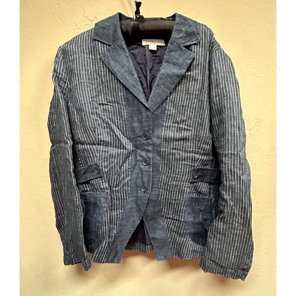 Sao Paulo Women Pinstripe Linen Blend Blazer Jacket Size 14 Blue Casual Pockets